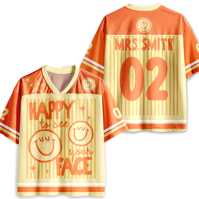 Personalized Name Two Sided Smile Face Striped Jersey Teacher T-Shirt