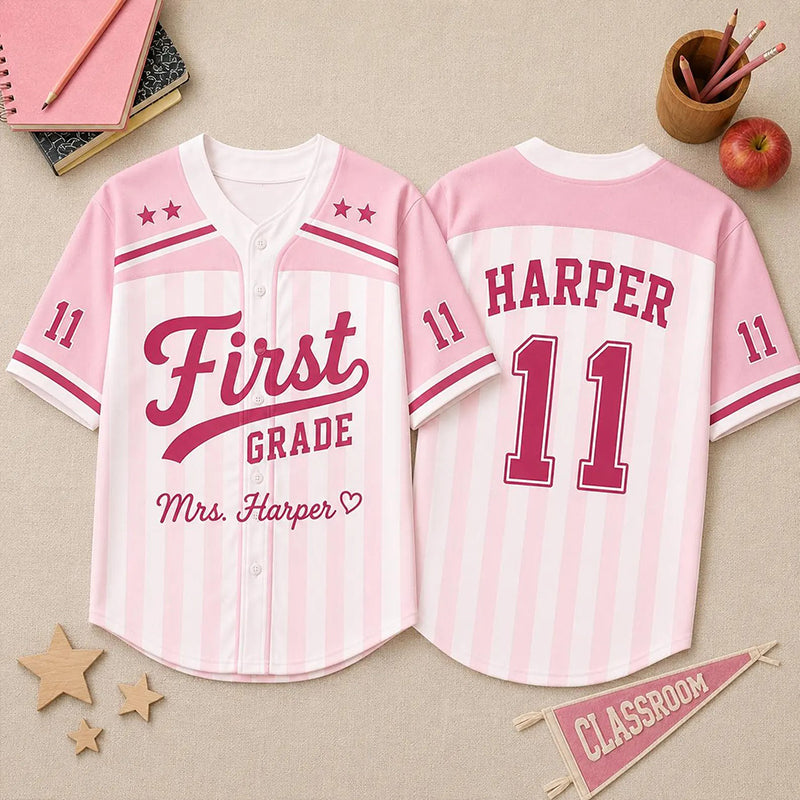 Personalized Grade And Name Preppy Color Block Stripes Script First Day Teacher Baseball Jersey