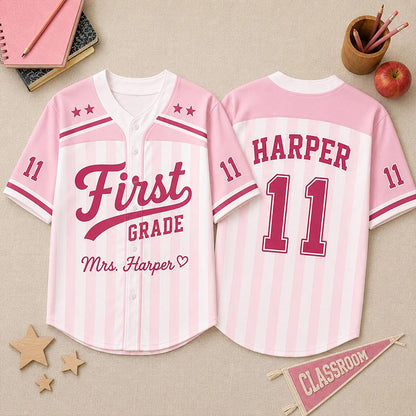 Personalized Grade And Name Preppy Color Block Stripes Script First Day Teacher Baseball Jersey