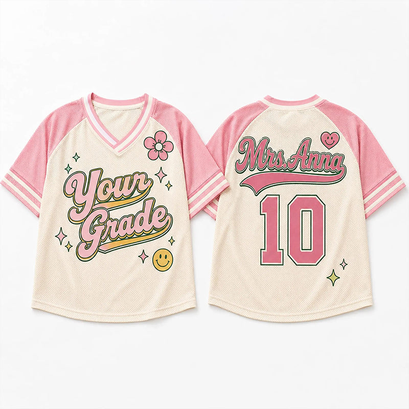 Personalized Grade And Name Floral Smile Heart Teacher Mesh Jersey
