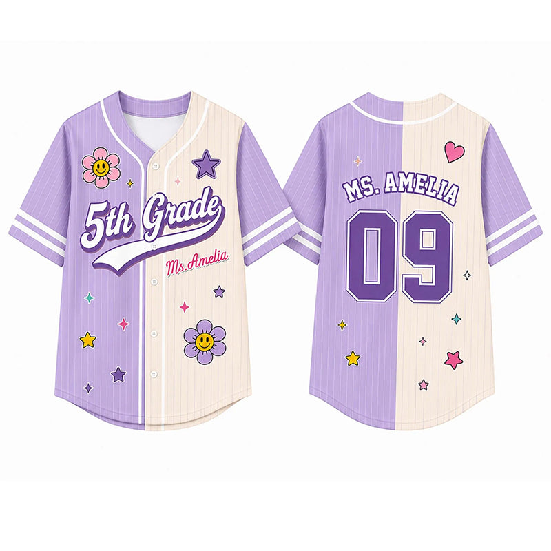 Personalized Grade And Name Flower Star Teacher Baseball Jersey