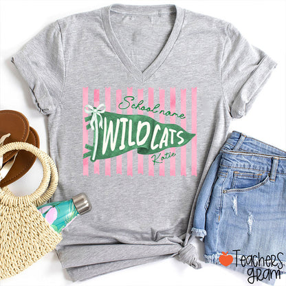 Personalized Mascot Pennant Bow Pink Striped V-Neck T-Shirt