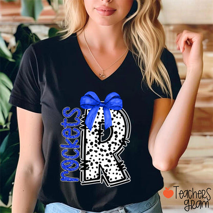 Personalized Mascot Coquette Bow Polka Dot V-Neck T-Shirt