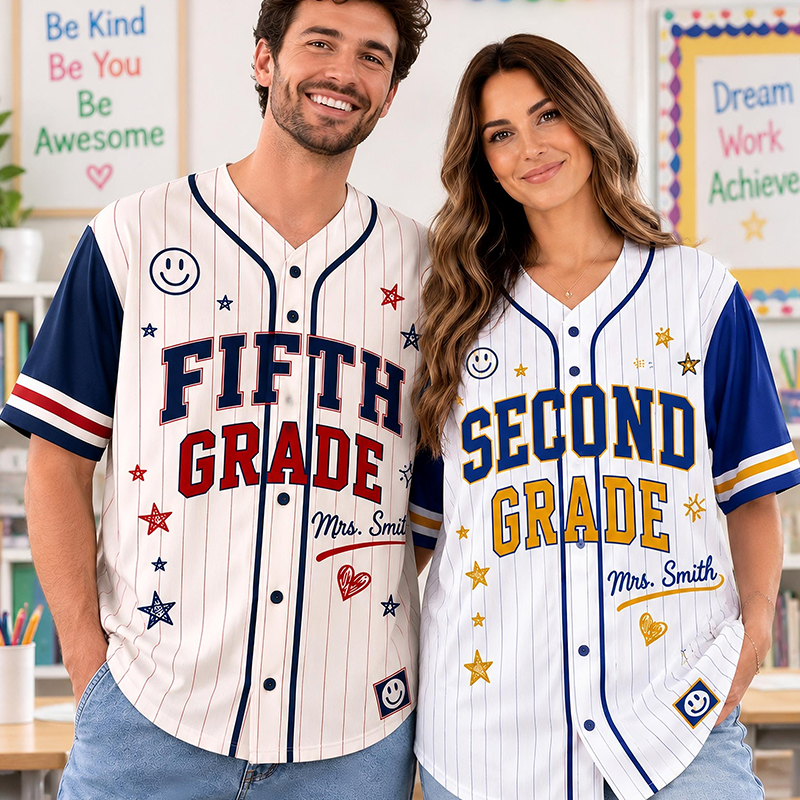 Personalized Grade Striped Star Smile Print Teacher Baseball Jersey