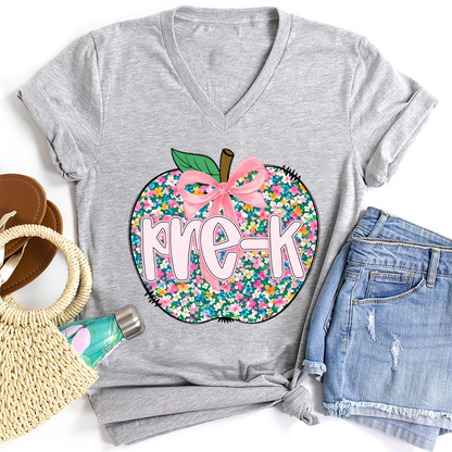 Personalized Grade Flowers Apple Teacher Female V-Neck T-Shirt
