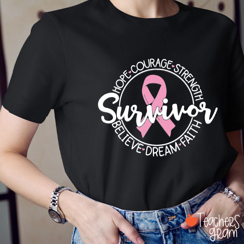 Survivor Pink Ribbon Hope Breast Cancer Awareness Teacher T-Shirt