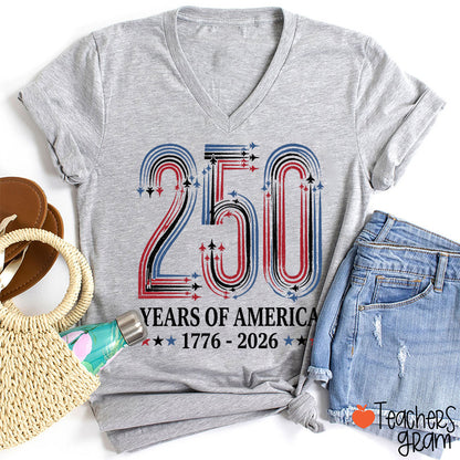 250 Years Of America From 1776 To 2026 Teacher Female V-Neck T-Shirt