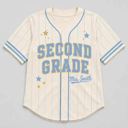 Personalized Grade And Name Preppy Pinstripe Star First Day Teacher Baseball Jersey