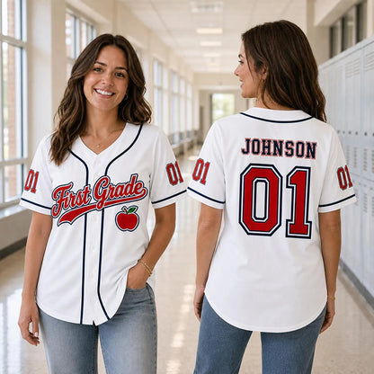 Personalized Grade Name Number Apple Graphic Striped Teacher Baseball Jersey