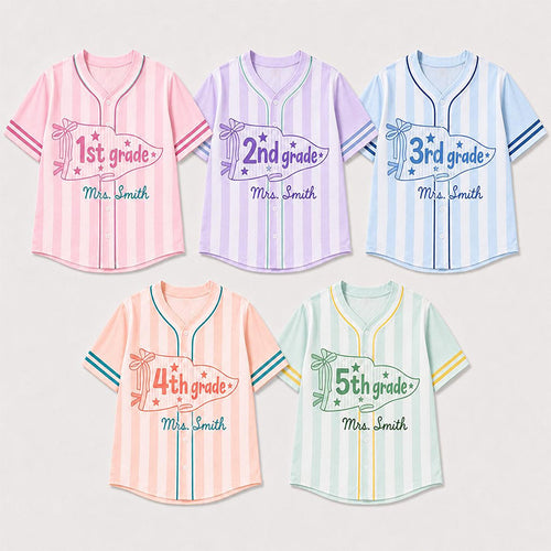 Personalized Grade And Name Preppy Pastel Stripes Pennant First Day Teacher Baseball Jersey