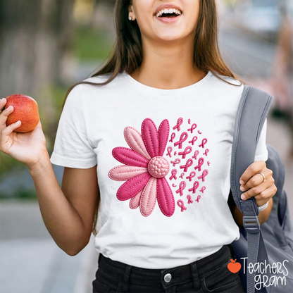 Pink Daisy Breast Cancer Awareness Ribbon Teacher T-Shirt
