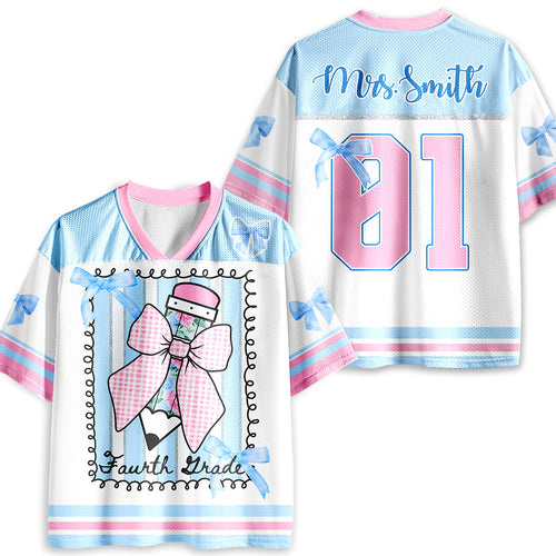 Personalized Grade And Name Coquette Pencil Bow Teacher Mesh Jersey