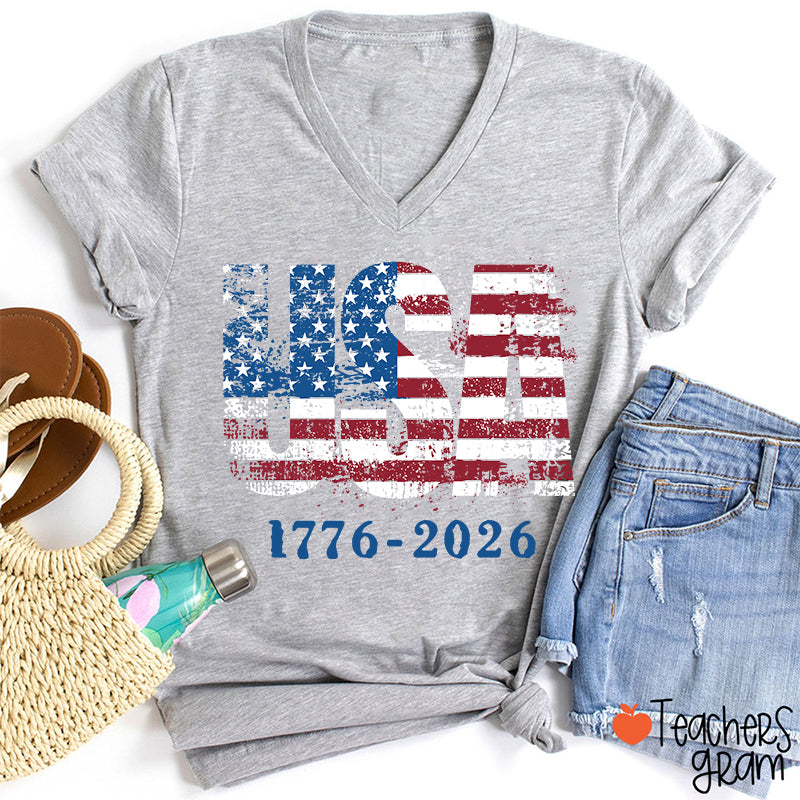 USA 1776-2026 Teacher Female V-Neck T-Shirt