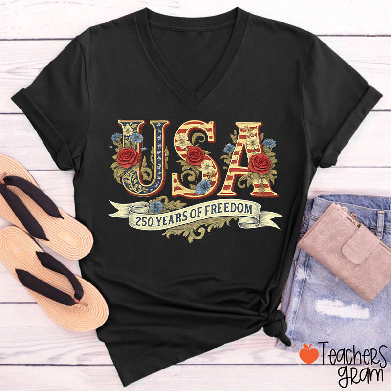 Usa 250 Years Of Freedom Teacher Female V-Neck T-Shirt