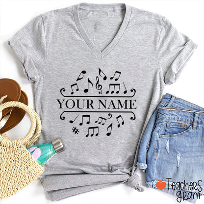 Personalized La La La Music Teacher Female V-Neck T-Shirt