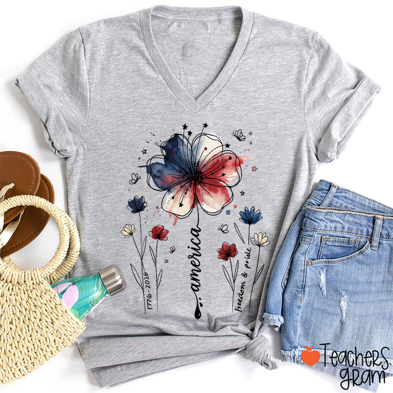 1776-2026 America Freedom And Pride Teacher Female V-Neck T-Shirt