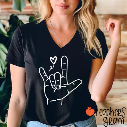 Sign Language Love Needs No Words Teacher Female V-Neck T-Shirt