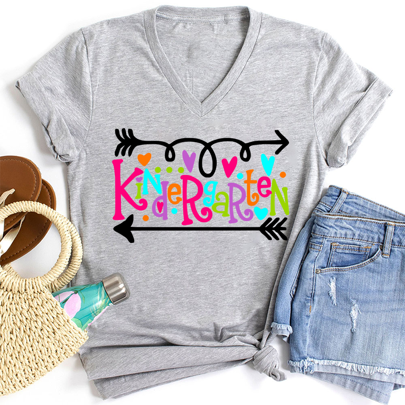 Personalized Grade Curly Font Teacher Female V-Neck T-Shirt