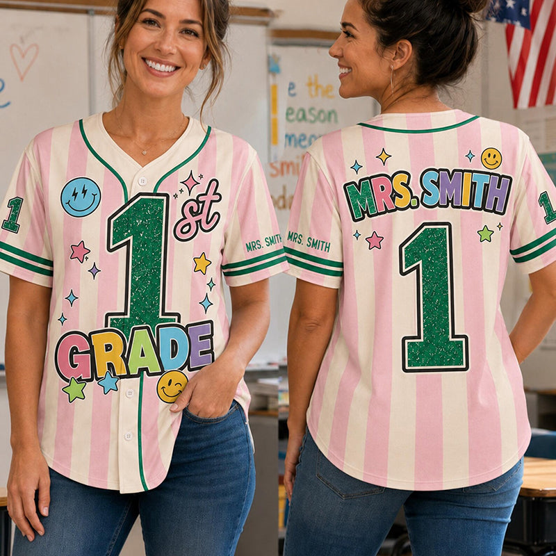 Personalized Grade And Name Preppy Stripes Satr Smile Teacher Baseball Jersey