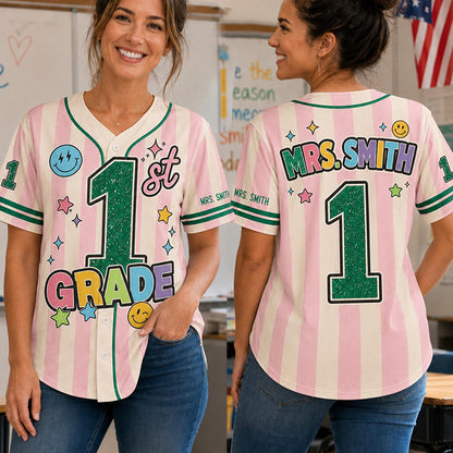 Personalized Grade And Name Preppy Stripes Satr Smile Teacher Baseball Jersey