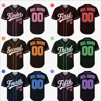 Personalized Grade Pinstripe Apple Mesh Teacher Baseball Jersey