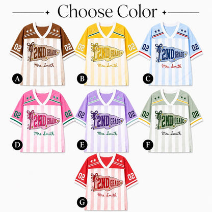 Personalized Grade And Name Preppy Color Block Stripes Pennant First Day Teacher Mesh Jersey