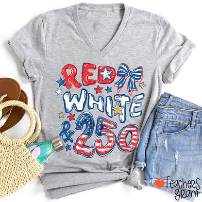 Red White And 250 Years Teacher Female V-Neck T-Shirt