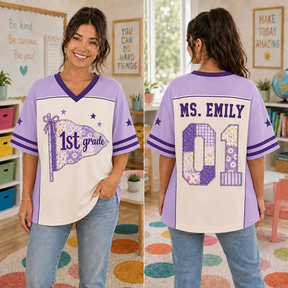 Personalized Grade And Name Preppy Patchwork Pennant First Day Teacher Mesh Jersey