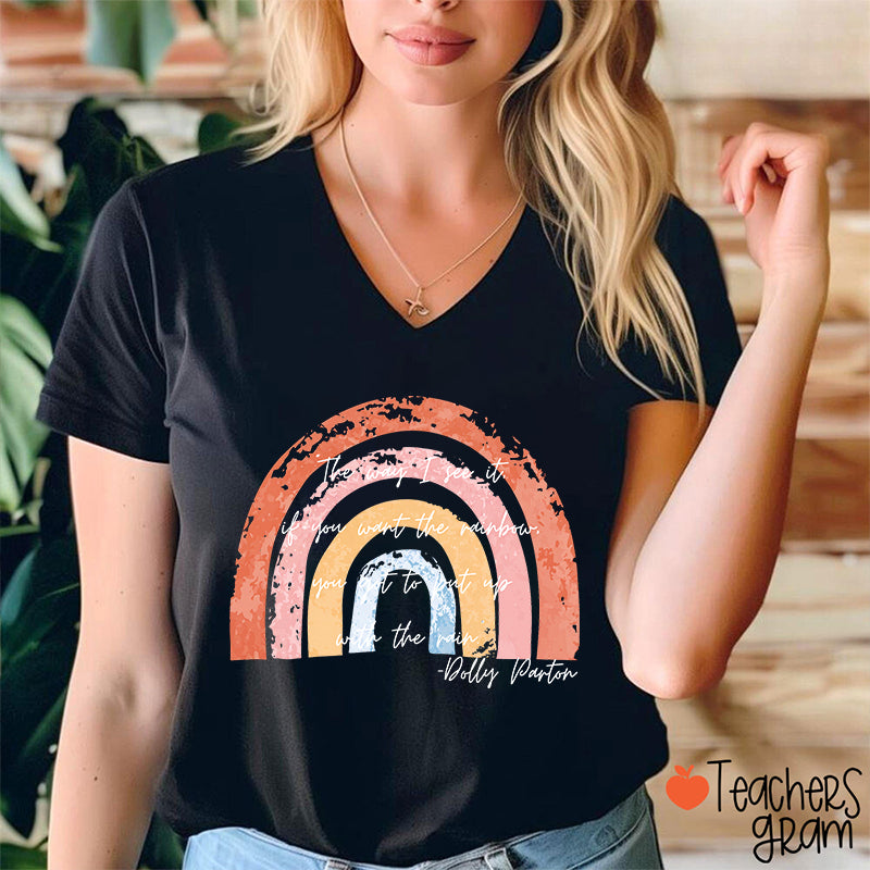 Boho Distressed Watercolor Rainbow Inspirational Quote Teacher V-Neck T-Shirt