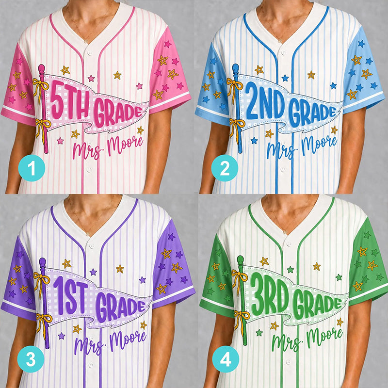 Personalized Grade And Name Pennant Striped Teacher Baseball Jersey