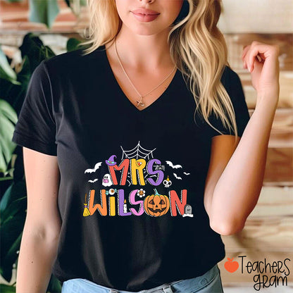 Personalized Name Spider Web Ghost Pumpkin Teacher Female V-Neck T-Shirt