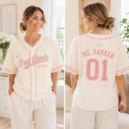 Personalized Grade And Name Preppy Pinstripe Daisy First Day Teacher Baseball Jersey