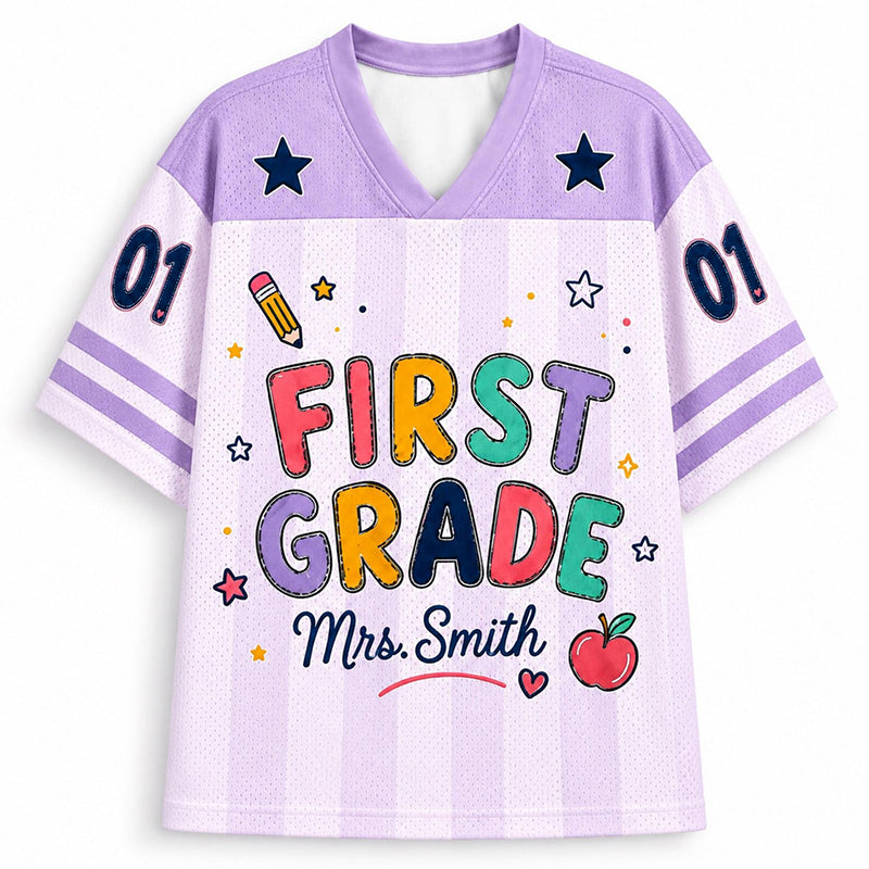 Personalized Grade And Name Preppy Stripes Rainbow Text First Day Teacher Mesh Jersey