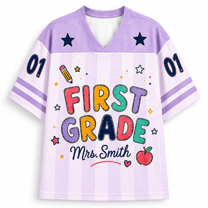 Personalized Grade And Name Preppy Stripes Rainbow Text First Day Teacher Mesh Jersey