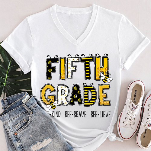 Personalized Grade Funny Bee Font Design Teacher Female V-Neck T-Shirt