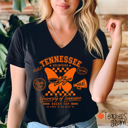 Volunteers Rocky Top Dolly Butterfly Teacher V-Neck T-Shirt