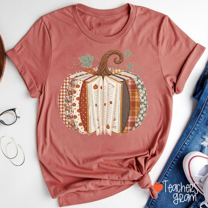 Fall Book Pumpkin Patchwork Autumn Teacher T-Shirt