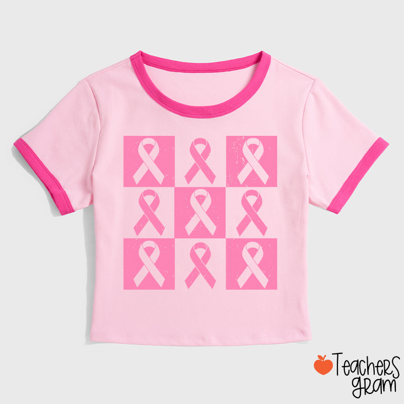 Pink Ribbon Breast Cancer Awareness Teacher Ringer T-Shirt