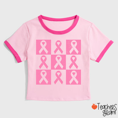 Pink Ribbon Breast Cancer Awareness Teacher Ringer T-Shirt