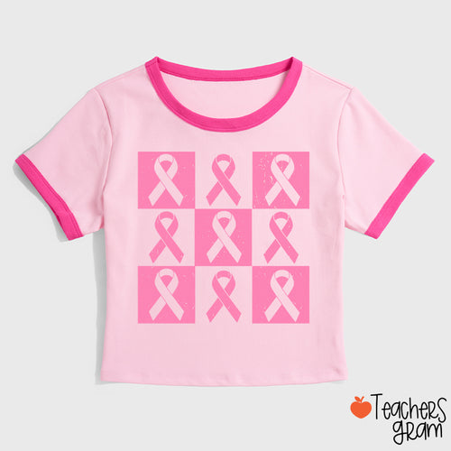 Pink Ribbon Breast Cancer Awareness Teacher Ringer T-Shirt