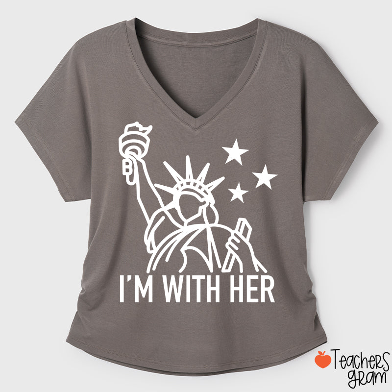 I'm With Her Teacher Ruched Side V-Neck T-Shirt