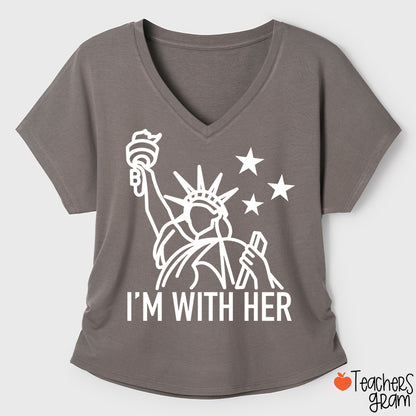 I'm With Her Teacher Ruched Side V-Neck T-Shirt
