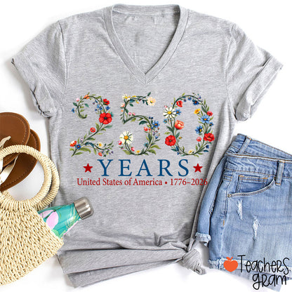 USA 250th Anniversary Floral Teacher Female V-Neck T-Shirt