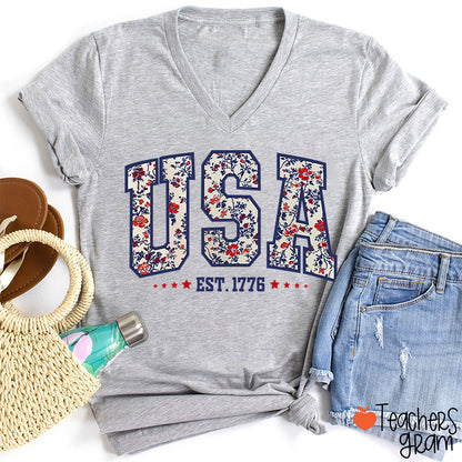 Retro Floral USA Teacher Female V-Neck T-Shirt