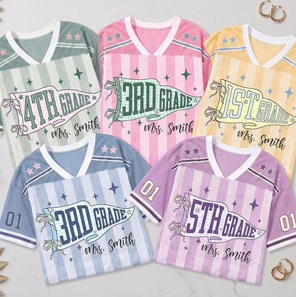 Personalized Grade And Name Striped Pennant Bow Star Teacher Mesh Jersey
