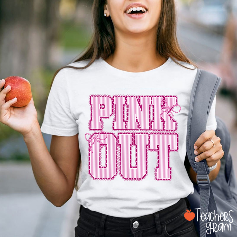 Pink Out Striped Lace Bow Breast Cancer Awareness Teacher T-Shirt