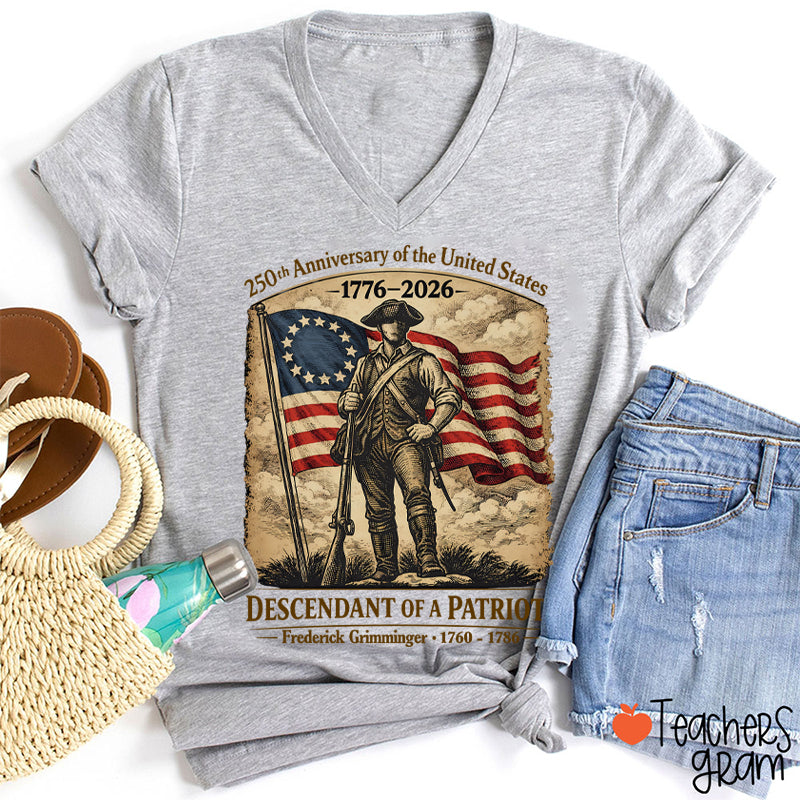 Personalized Descendant Of A Patriot Teacher Female V-Neck T-Shirt