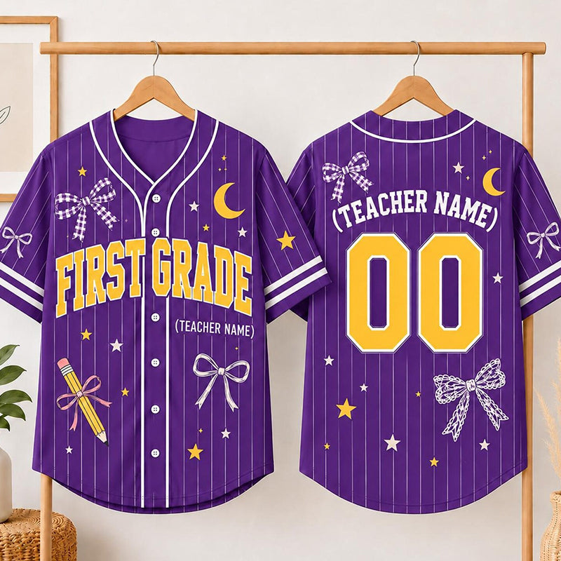 Personalized Grade And Name Bow Pencil Star Moon Graphic Teacher Baseball Jersey