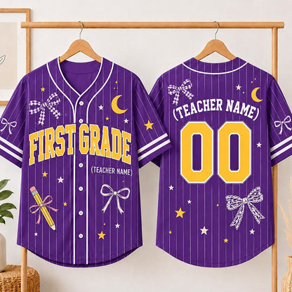 Personalized Grade And Name Bow Pencil Star Moon Graphic Teacher Baseball Jersey