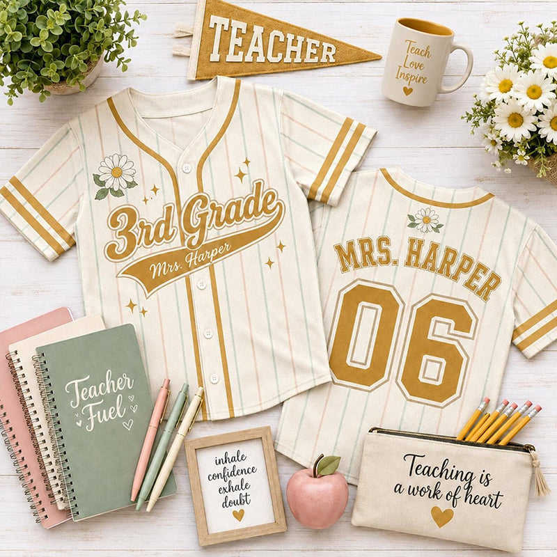 Personalized Grade Name Daisy Pinstripe Mesh Teacher Baseball Jersey
